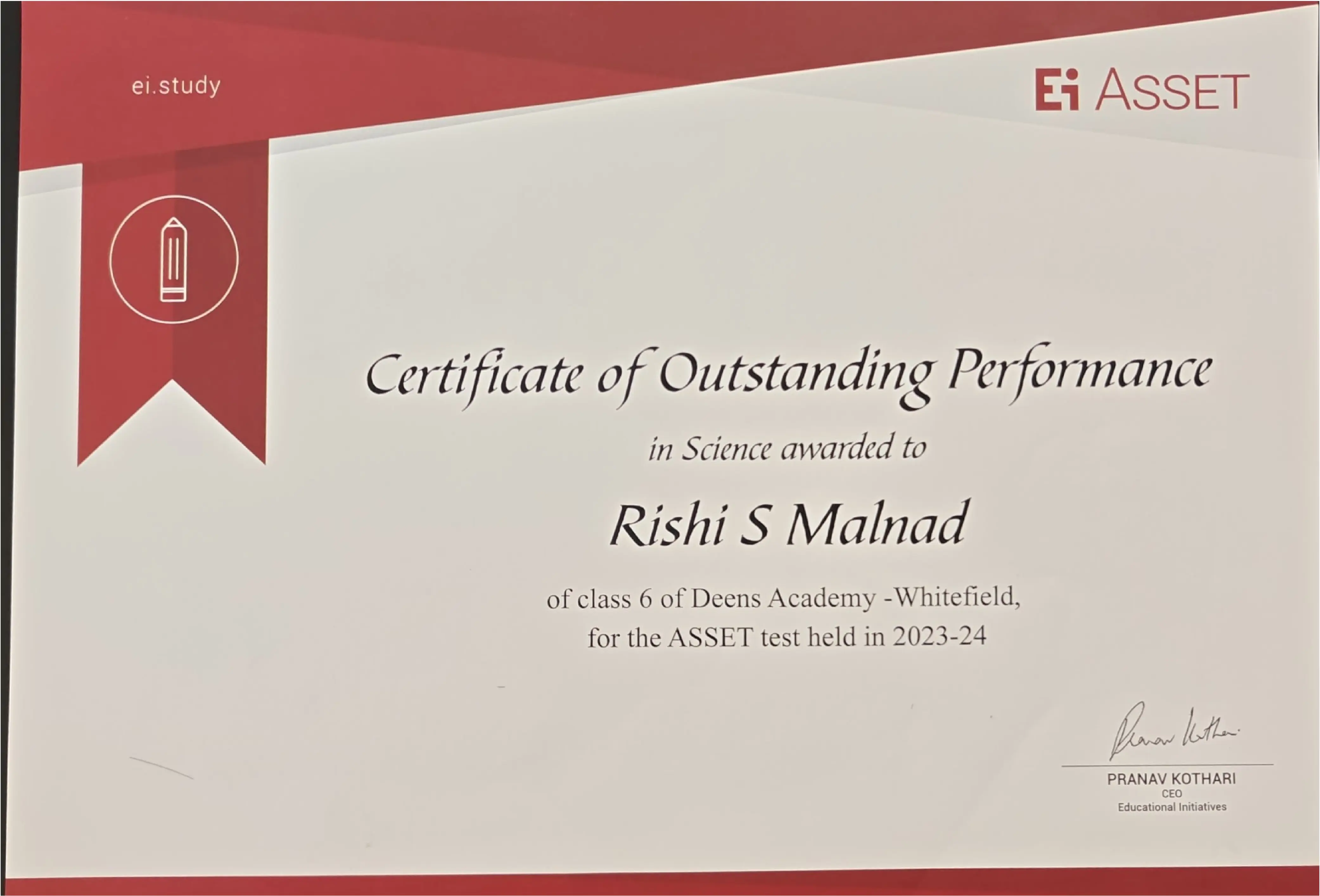 Ei Asset Certificate of Outstanding Performance in Science (Grade 6 - 2023/24)